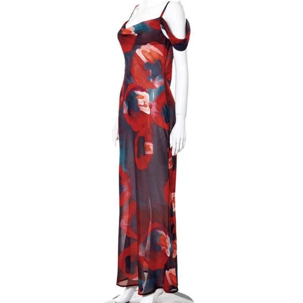 Off shoulder see through chiffon print maxi dress - Image 4