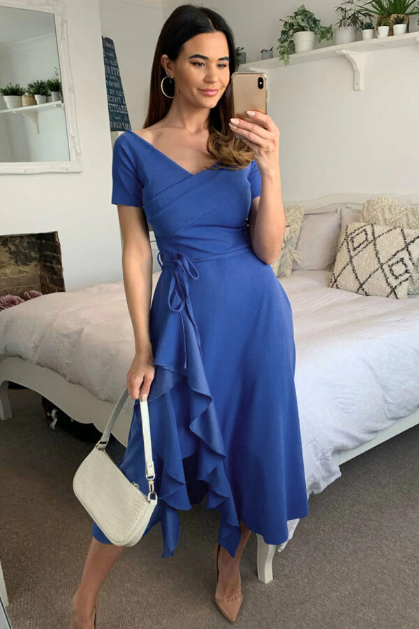 Women's Boho Wrap V Neck Dresses Short Sleeve Ruffle Summer Midi Dress - Image 4