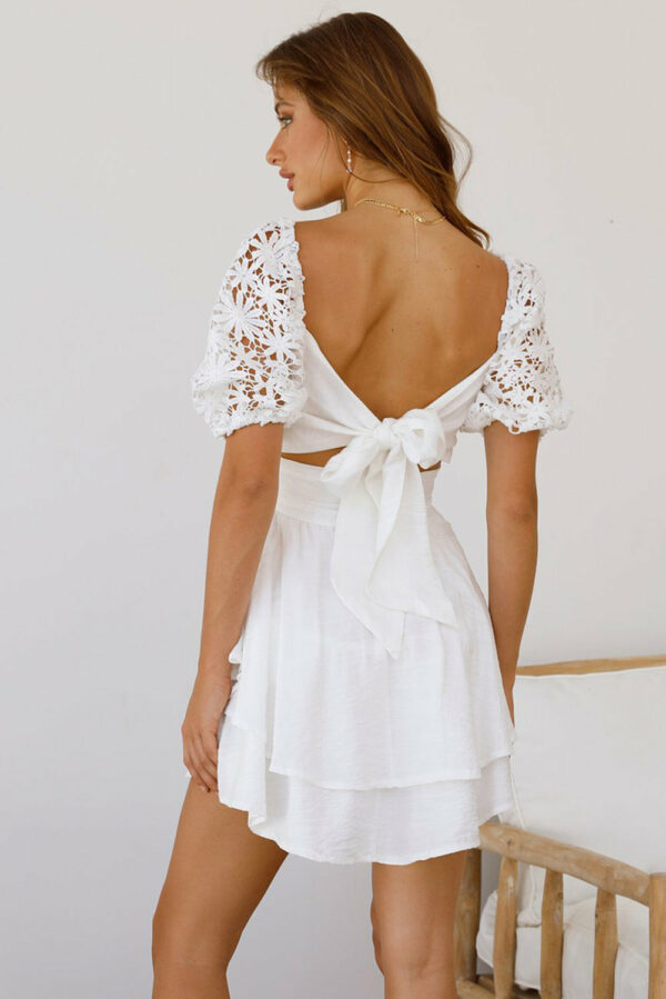 Women's Summer Mini Puff Sleeve Dress Square Neck Lace Ruffle A Line Dress - Image 3
