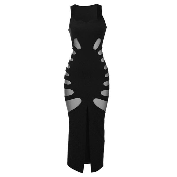 Hollow out solid slit sleeveless low cut cut out maxi dress - Image 3