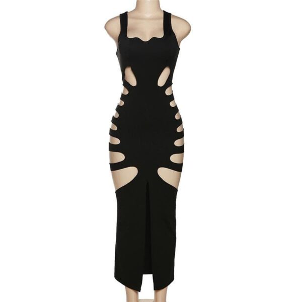 Hollow out solid slit sleeveless low cut cut out maxi dress - Image 4