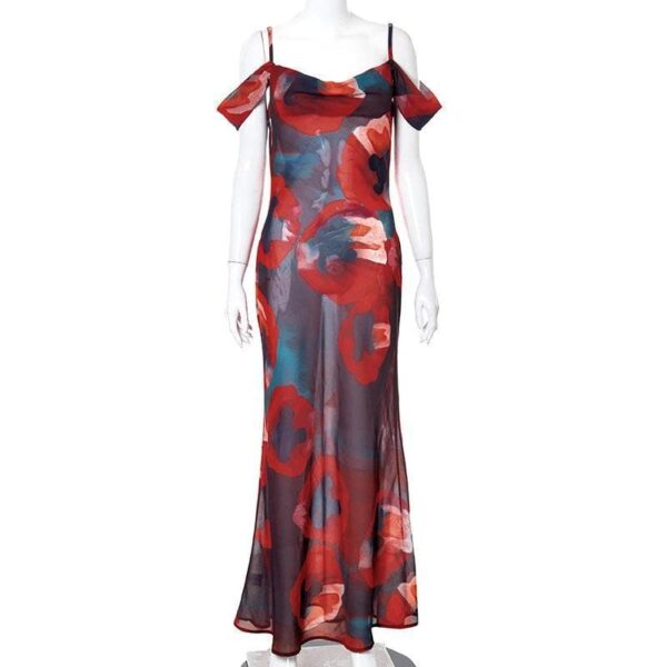 Off shoulder see through chiffon print maxi dress - Image 3