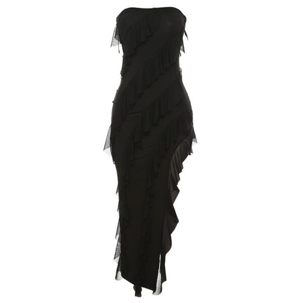 Irregular backless solid ruffle slit tube midi dress - Image 3