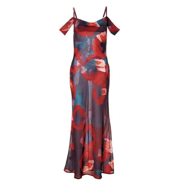 Off shoulder see through chiffon print maxi dress - Image 2