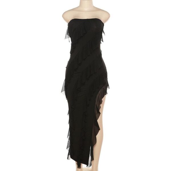 Irregular backless solid ruffle slit tube midi dress - Image 4