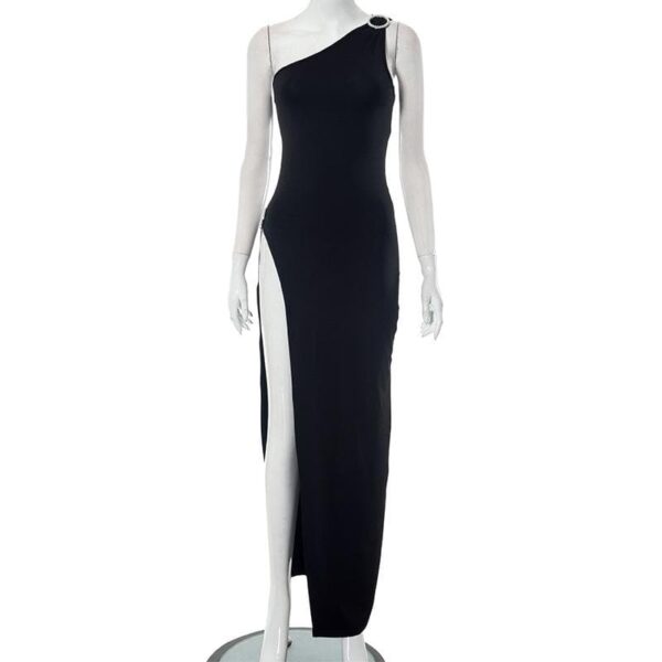 Buckle one shoulder slit irregular solid maxi dress - Image 4