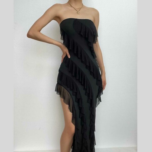 Irregular backless solid ruffle slit tube midi dress - Image 11