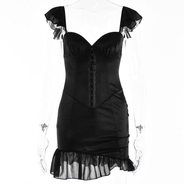 Solid ruched cap sleeve ruffle button mini dress - Image 3