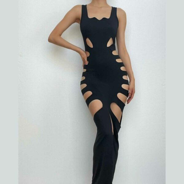 Hollow out solid slit sleeveless low cut cut out maxi dress - Image 10