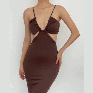 One shoulder backless drawstring hollow out cut out maxi dress
