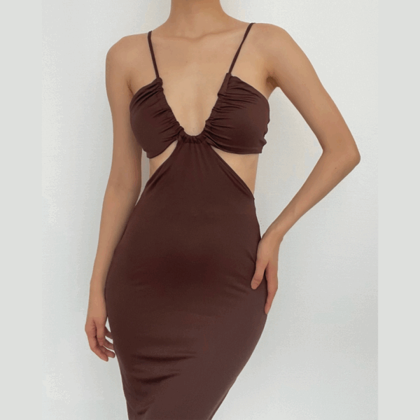 One shoulder backless drawstring hollow out cut out maxi dress - Image 2