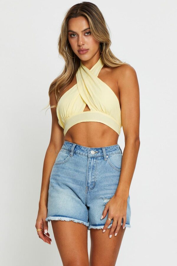 Blue High Rise Denim Shorts Knee Length