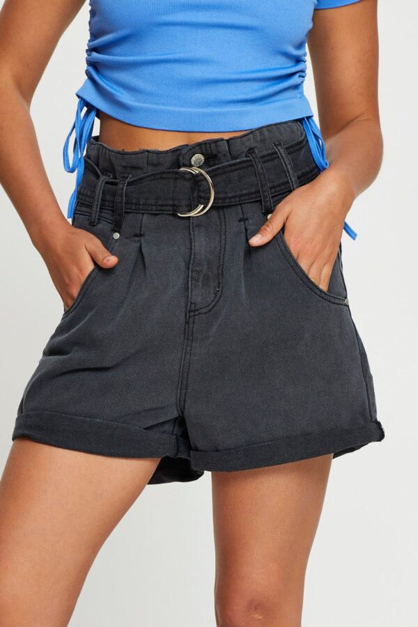 Black Belted Denim Shorts High Rise - Image 2