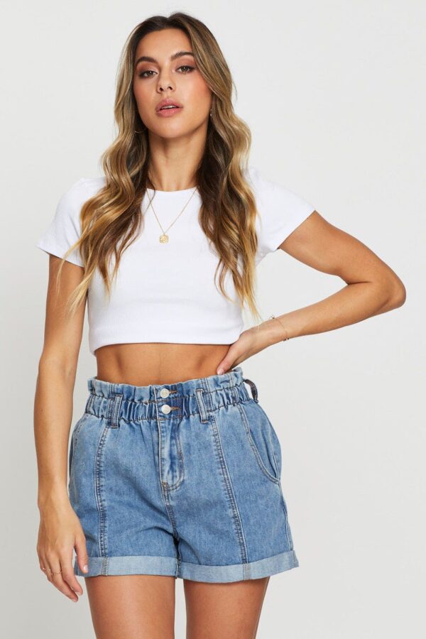 Blue Paper Bag Denim Shorts High Waist