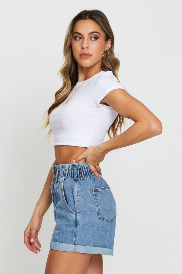Blue Paper Bag Denim Shorts High Waist - Image 4