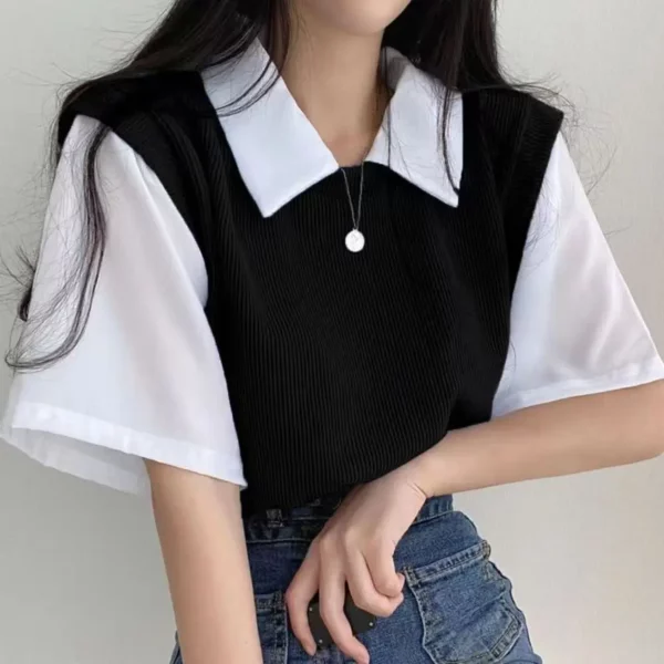 Korean Casual False Two-piece Lady Polo Shirts Contrast Color Spliced Short Sleeve Women's Tops Spring Summer T-shirts 2024 New - Image 2