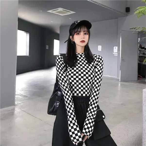 Black & White Checkered Mesh Top Long Sleeve Mock Neck Cropped Top Women's T-shirts Altgirl Outfit / - Image 3