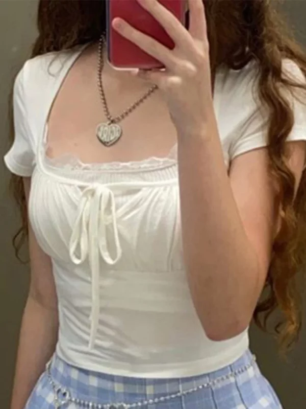 Casual White Knitted Lac Patched Female T-shirts Y2K Korean Style Slim Tie Up Shirring Summer Top Tee Folds Outfits - Image 2