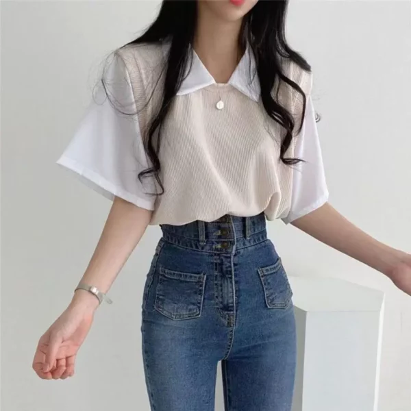 Korean Casual False Two-piece Lady Polo Shirts Contrast Color Spliced Short Sleeve Women's Tops Spring Summer T-shirts 2024 New - Image 5