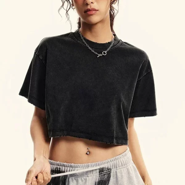 Solid Slim Washed T-Shirt Female Fashion Soft Cotton Streetwear Casual Sport Short Sleeve Cool Retro Crop Clothing For Women - Image 3