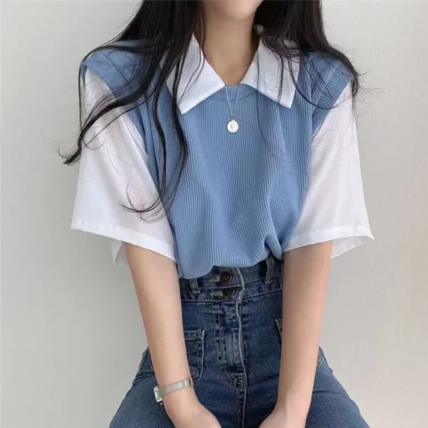 Korean Casual False Two-piece Lady Polo Shirts Contrast Color Spliced Short Sleeve Women's Tops Spring Summer T-shirts 2024 New - Image 4