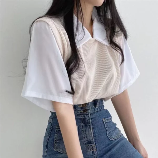 Korean Casual False Two-piece Lady Polo Shirts Contrast Color Spliced Short Sleeve Women's Tops Spring Summer T-shirts 2024 New - Image 6