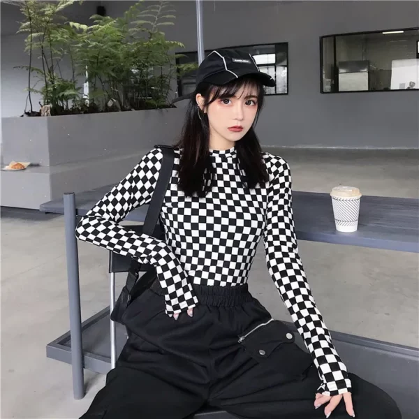 Black & White Checkered Mesh Top Long Sleeve Mock Neck Cropped Top Women's T-shirts Altgirl Outfit / - Image 2