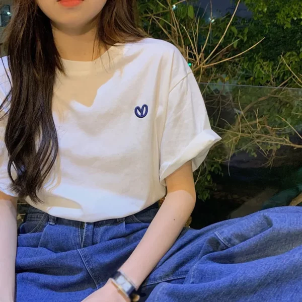 Summer Loose Round Neck T-Shirt Simple Embroidery Casual Versatile Short Sleeved Tees Women's Cozy Cotton Solid Color Top - Image 3
