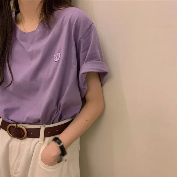 Summer Loose Round Neck T-Shirt Simple Embroidery Casual Versatile Short Sleeved Tees Women's Cozy Cotton Solid Color Top - Image 2