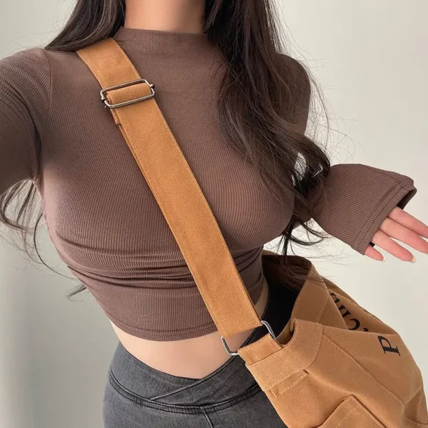 Half high neck solid color shoulder simple long sleeve T-shirt women slim-fit short crop shirt all over the top - Image 3