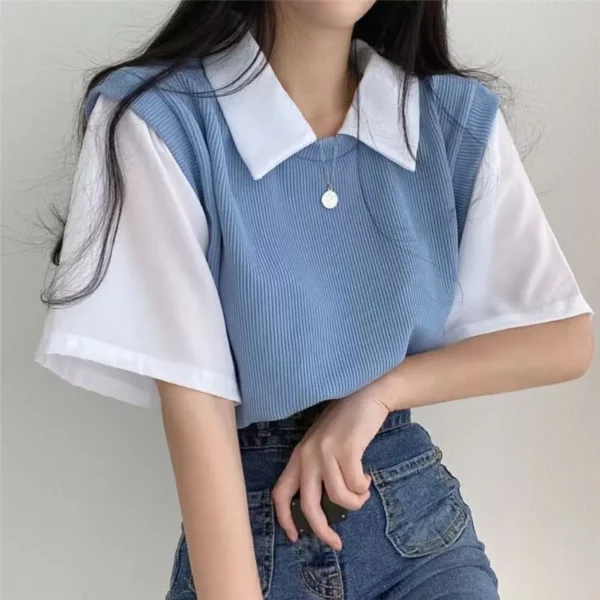 Korean Casual False Two-piece Lady Polo Shirts Contrast Color Spliced Short Sleeve Women's Tops Spring Summer T-shirts 2024 New - Image 3