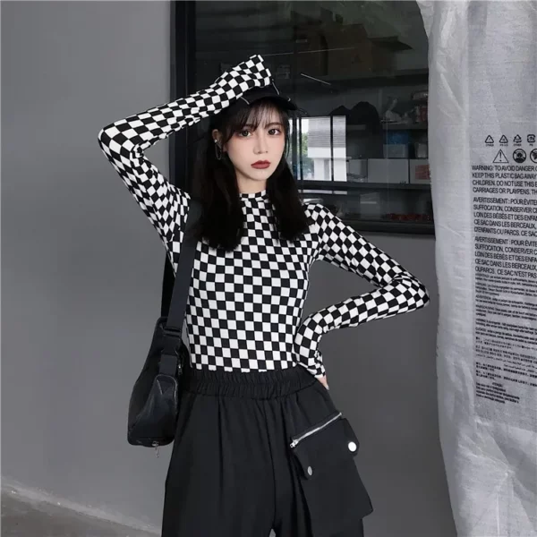 Black & White Checkered Mesh Top Long Sleeve Mock Neck Cropped Top Women's T-shirts Altgirl Outfit / - Image 6