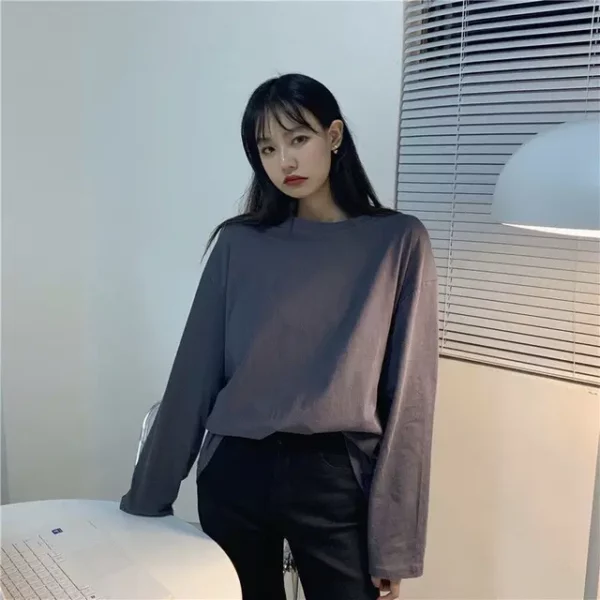 spring autumn Solid Simple oversized tshirt harajuku long T Shirt Women kawaii T-shirts Women 90s White yellow long Sleeve Tops - Image 4
