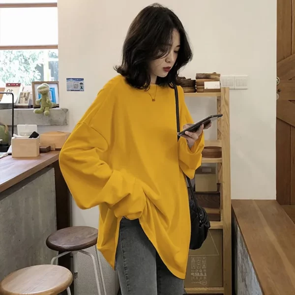 spring autumn Solid Simple oversized tshirt harajuku long T Shirt Women kawaii T-shirts Women 90s White yellow long Sleeve Tops - Image 3