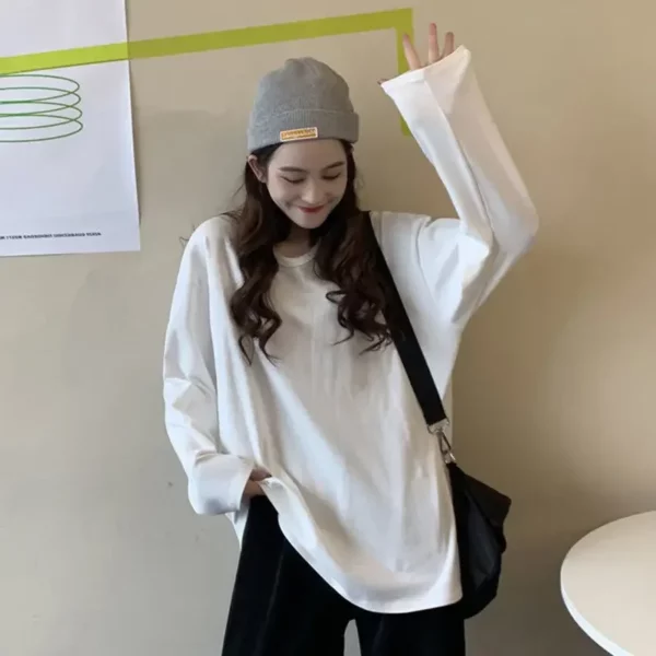 Women's White Base Layer Top Long Sleeve Round Neck Loose-fit Black T-shirt Spring 2023 New Style Inner Wear Top - Image 2