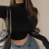 Half high neck solid color shoulder simple long sleeve T-shirt women slim-fit short crop shirt all over the top - Image 2