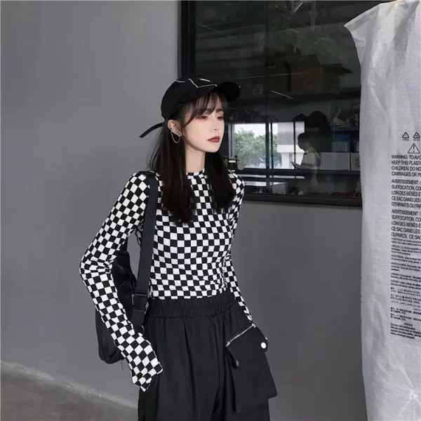 Black & White Checkered Mesh Top Long Sleeve Mock Neck Cropped Top Women's T-shirts Altgirl Outfit / - Image 4