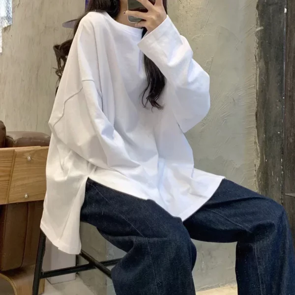 Harajuku Long T Shirt Spring Autumn Solid Simple Oversized T-shirt for Women Goth T-shirts Split White Black Long Sleeve Tops - Image 2