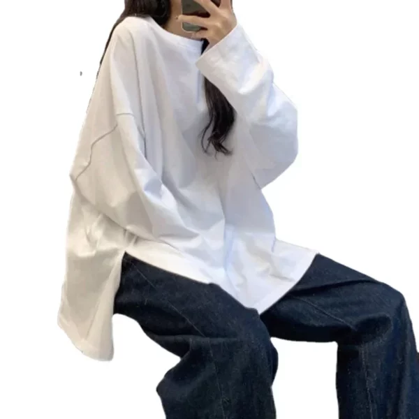 Harajuku Long T Shirt Spring Autumn Solid Simple Oversized T-shirt for Women Goth T-shirts Split White Black Long Sleeve Tops - Image 5