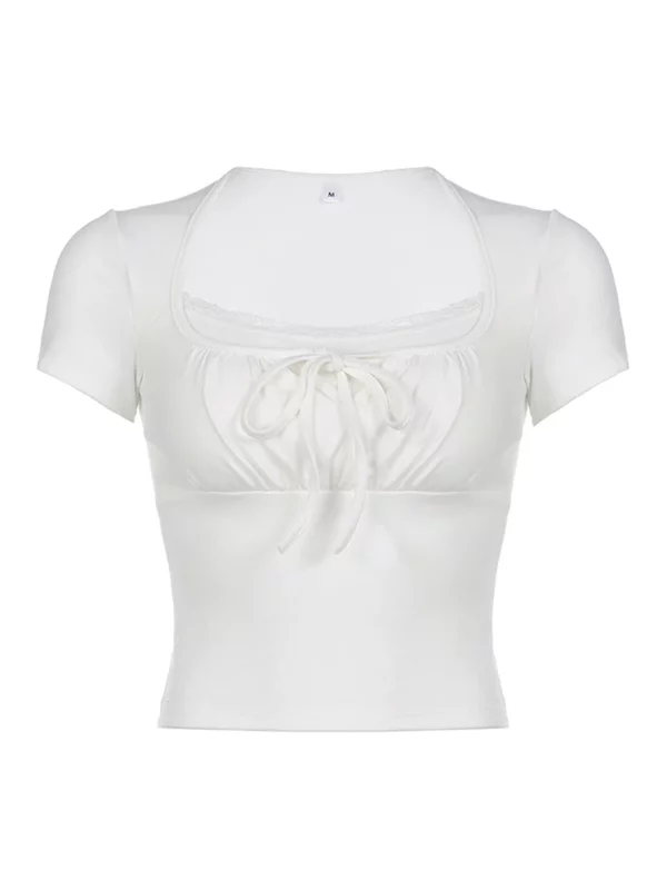 Casual White Knitted Lac Patched Female T-shirts Y2K Korean Style Slim Tie Up Shirring Summer Top Tee Folds Outfits - Image 5