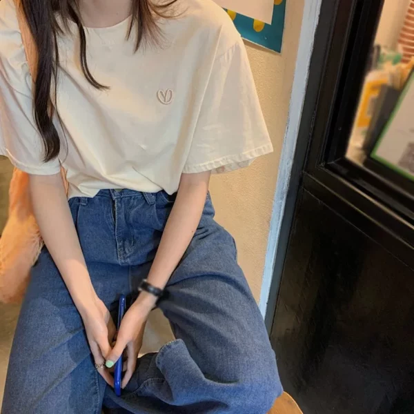 Summer Loose Round Neck T-Shirt Simple Embroidery Casual Versatile Short Sleeved Tees Women's Cozy Cotton Solid Color Top - Image 4