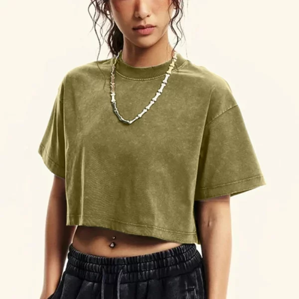 Solid Slim Washed T-Shirt Female Fashion Soft Cotton Streetwear Casual Sport Short Sleeve Cool Retro Crop Clothing For Women - Image 2
