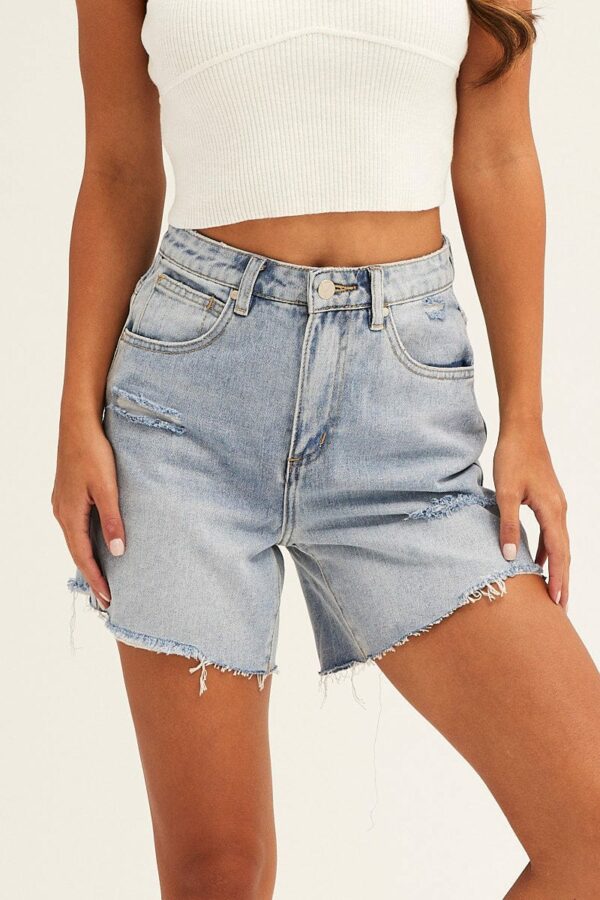 Blue Denim Shorts Knee Length High Rise - Image 2