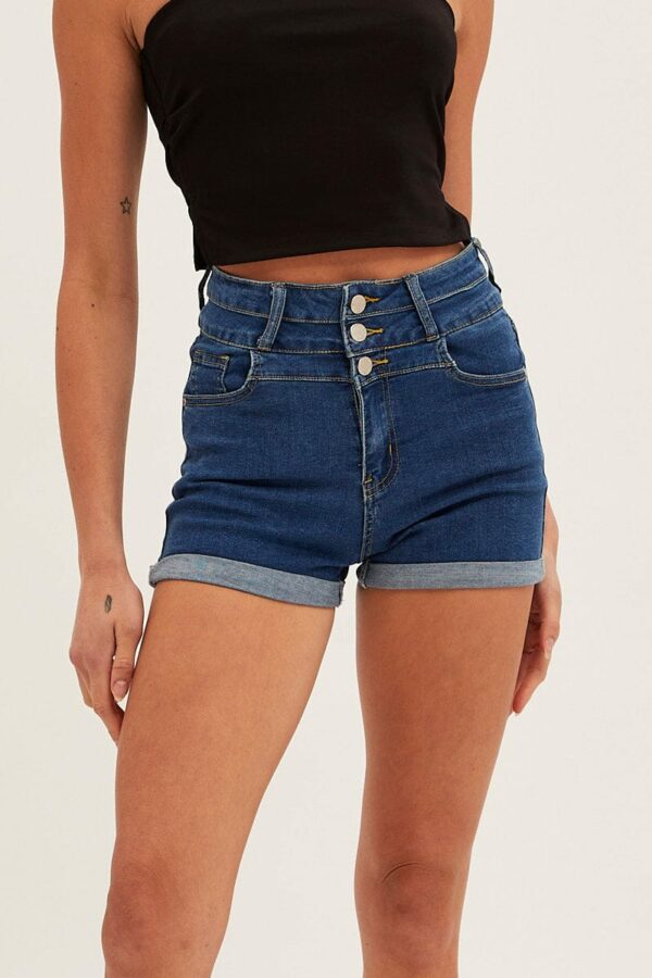 Blue High Waist 3 Button Stretch Denim Shorts - Image 2