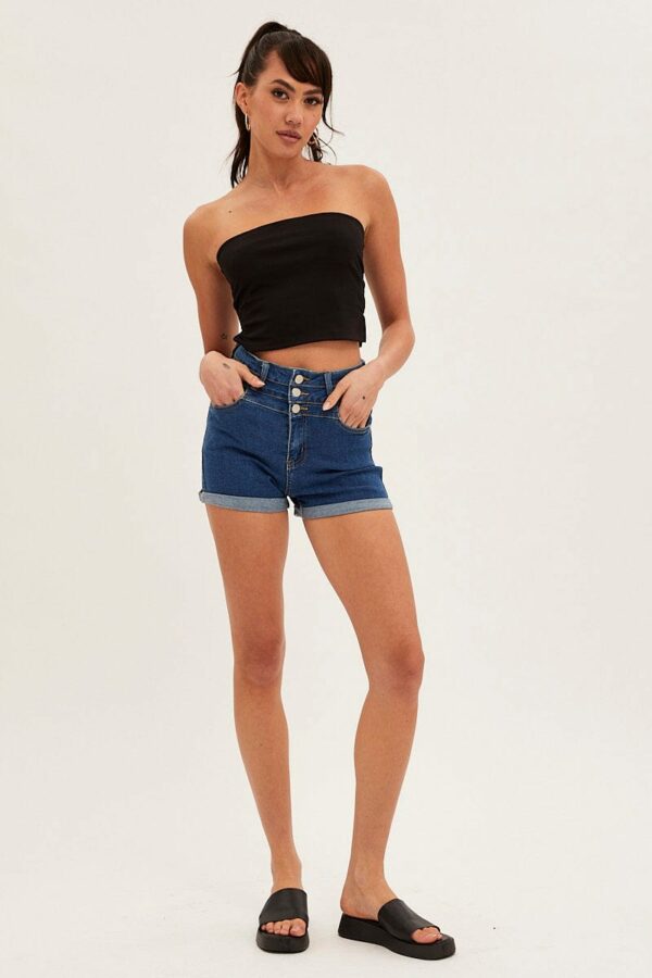 Blue High Waist 3 Button Stretch Denim Shorts - Image 3