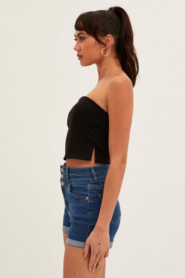 Blue High Waist 3 Button Stretch Denim Shorts - Image 4