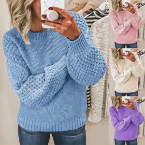 European Style Women's Knit Pullover – Cork Texture, Round Neck Long Sleeve Sweater