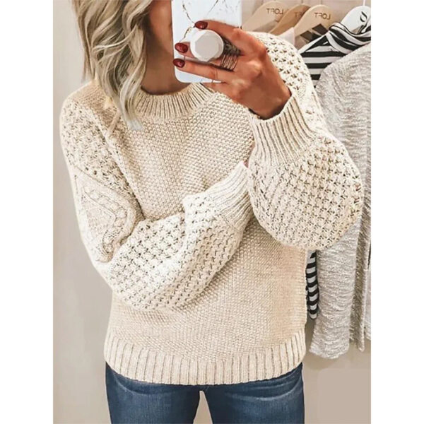 European Style Women's Knit Pullover – Cork Texture, Round Neck Long Sleeve Sweater - Image 3