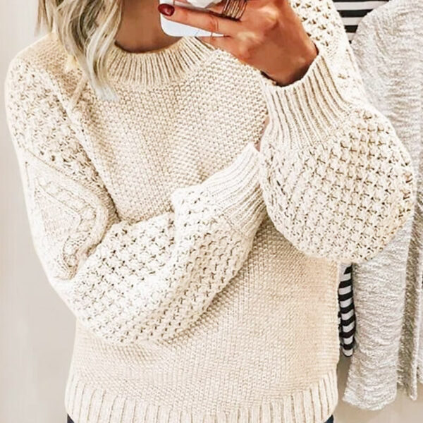 European Style Women's Knit Pullover – Cork Texture, Round Neck Long Sleeve Sweater - Image 8