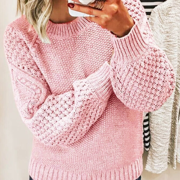 European Style Women's Knit Pullover – Cork Texture, Round Neck Long Sleeve Sweater - Image 9